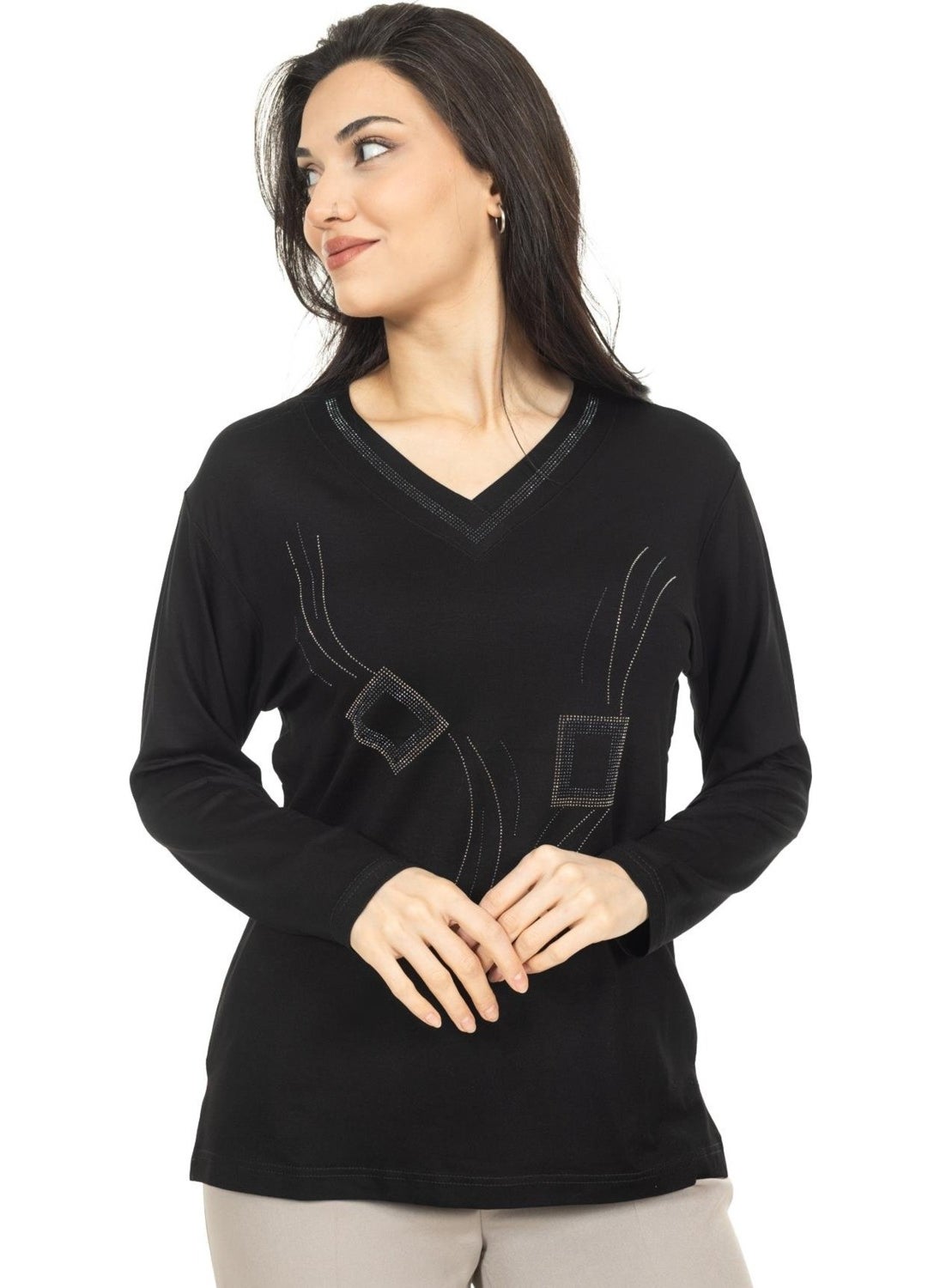 Women Middle Age and Above New Model V Neck Stone Embroidered Mother's Combed Cotton Blouse 30560