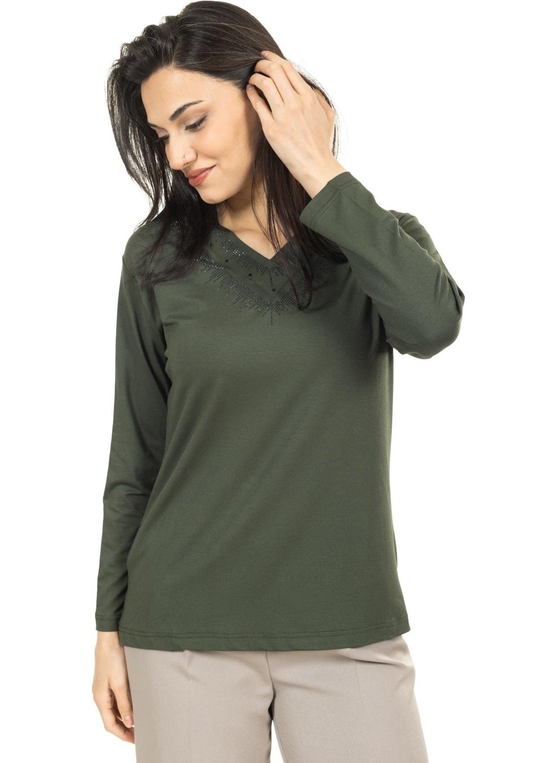 Women Middle Age and Above New Model V Neck Plain Model Mother Cotton Blouse 30565