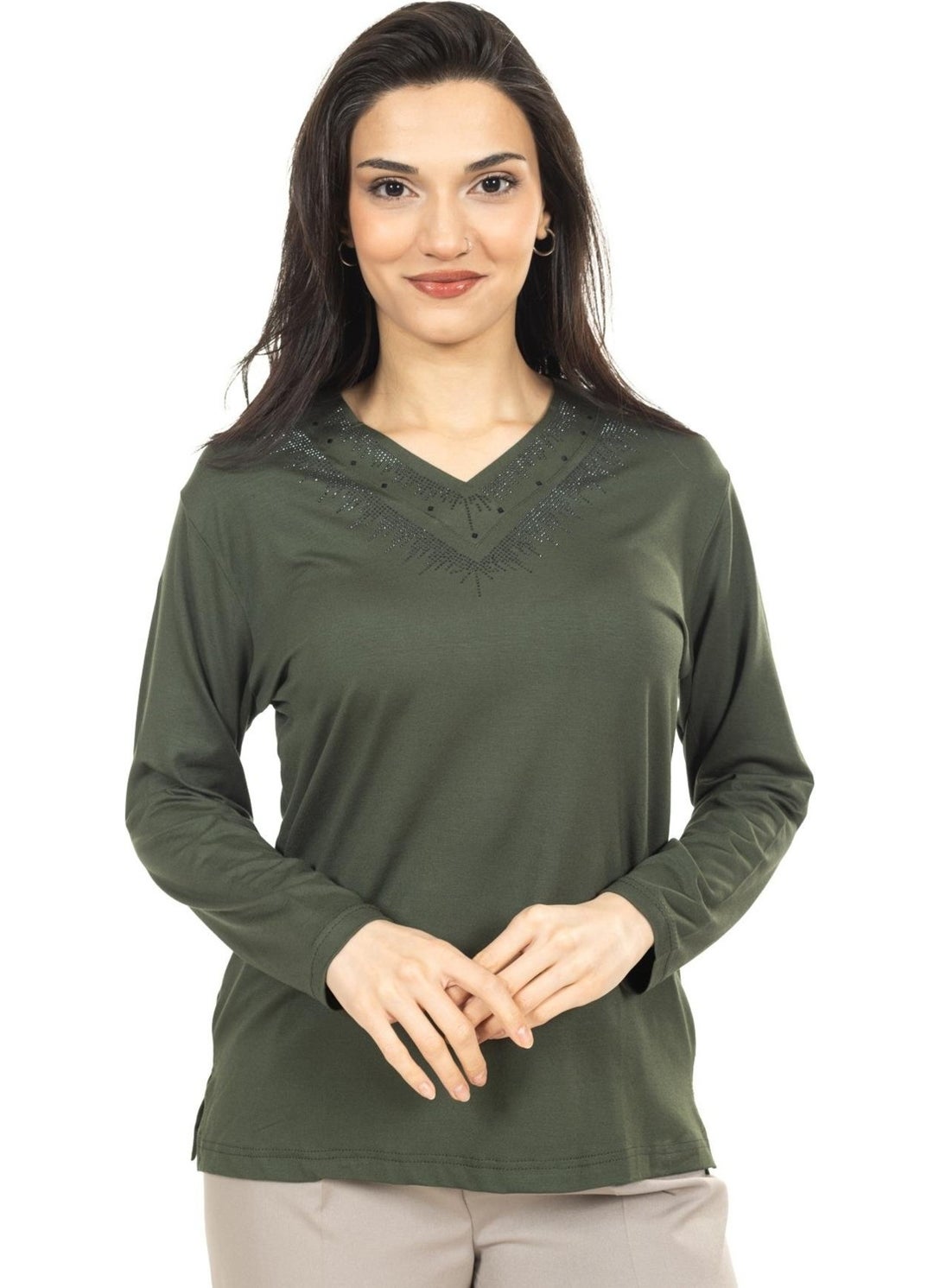 Women Middle Age and Above New Model V Neck Plain Model Mother Cotton Blouse 30565
