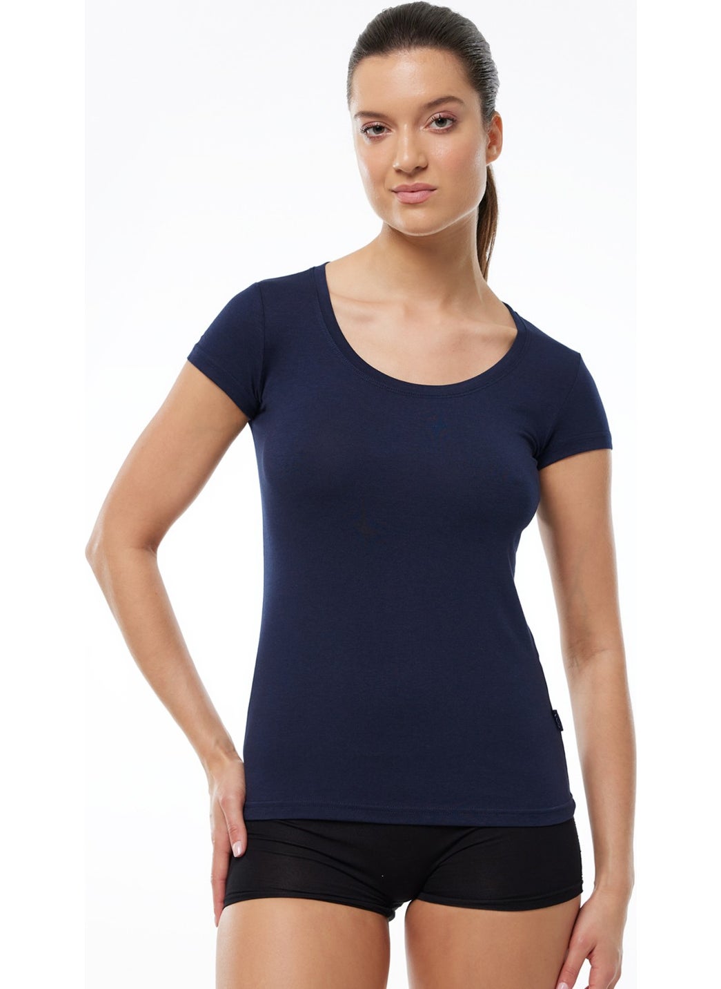 Women's Navy Blue Open Round Neck Short Sleeve Modal Bodysuit 1035