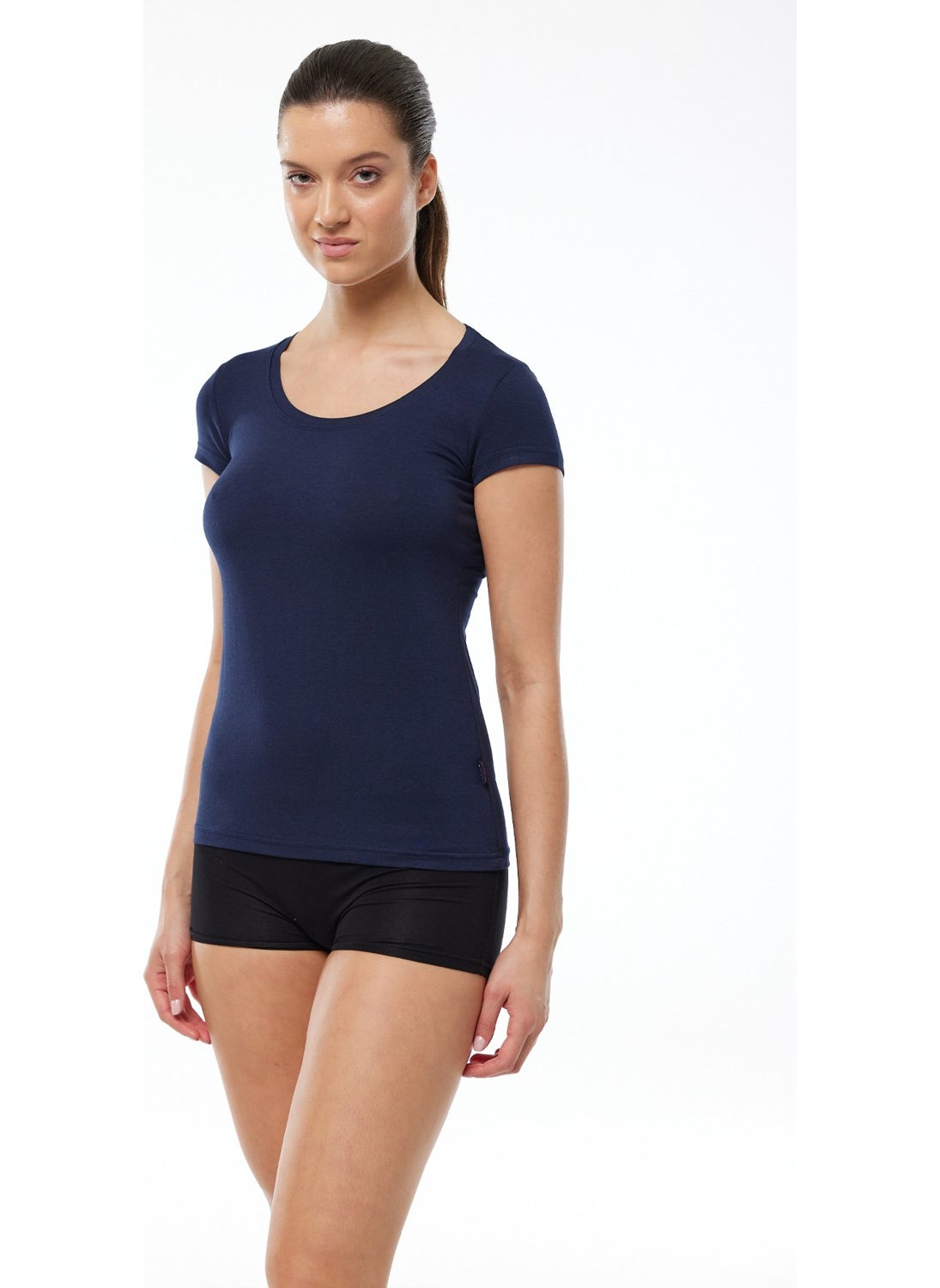 Women's Navy Blue Open Round Neck Short Sleeve Modal Bodysuit 1035