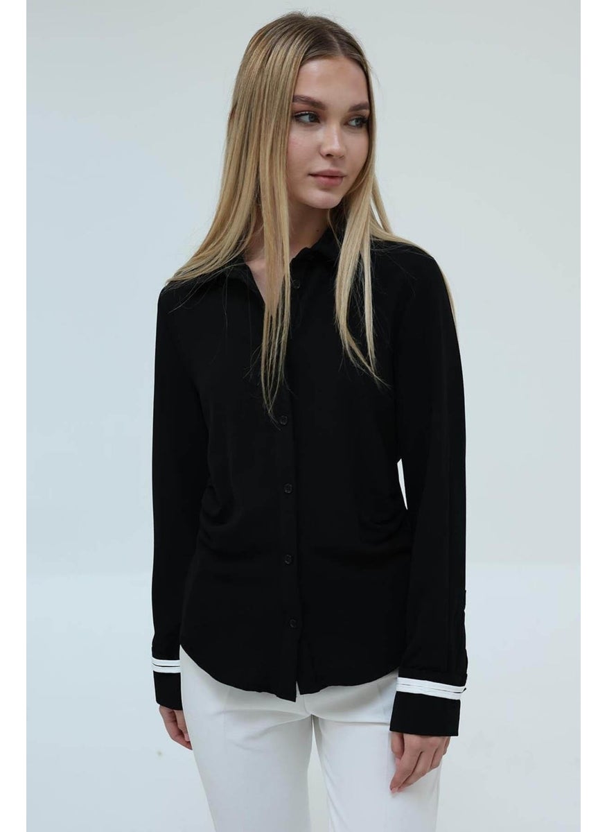 Women's Black Gathered Detail Crepe Shirt