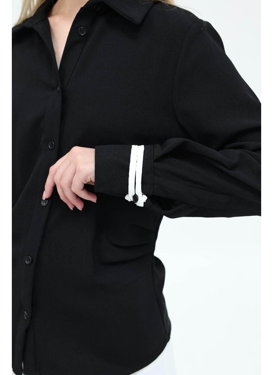 Women's Black Gathered Detail Crepe Shirt