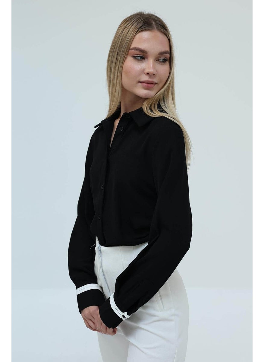 Women's Black Gathered Detail Crepe Shirt