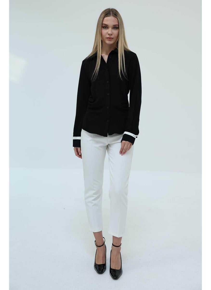 Women's Black Gathered Detail Crepe Shirt