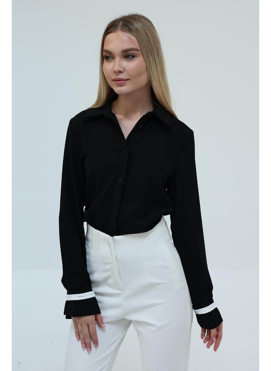 Women's Black Gathered Detail Crepe Shirt