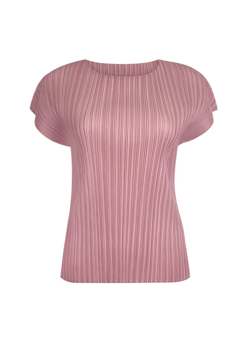 2024 Summer New Solid Color Ruffles Small Sleeve Round Neck Casual Elegant Basic Top Layer T-Shirt Crew Neck Design Pink