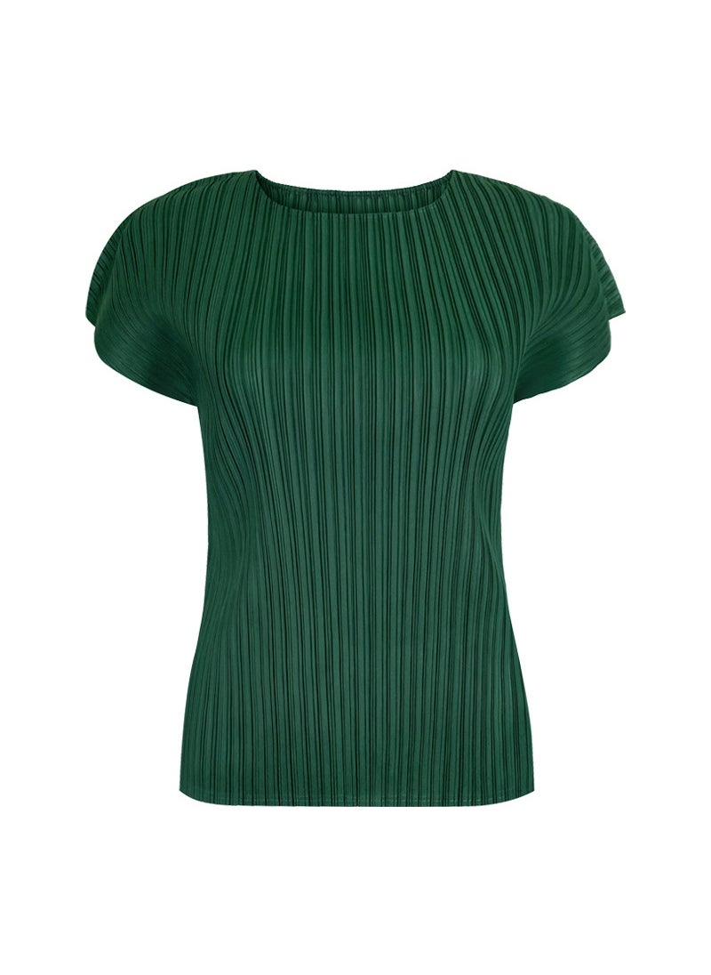 2024 Summer New Solid Color Ruffles Small Sleeve Round Neck Casual Elegant Basic Top Layer T-Shirt Crew Neck Design Green