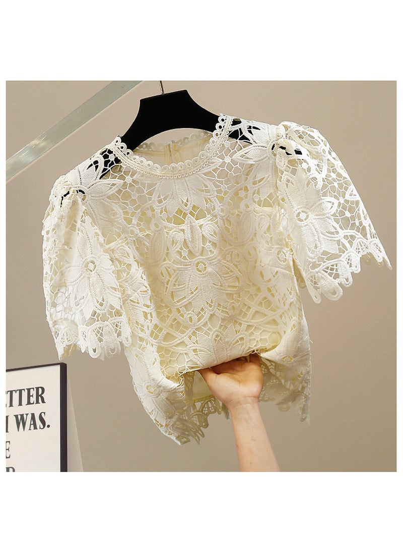 Elegant Stylish High End Hook Embroidered Cotton T-Shirt Short Sleeves Casual Slimming Trendy Fashionable Lace Top Apricot