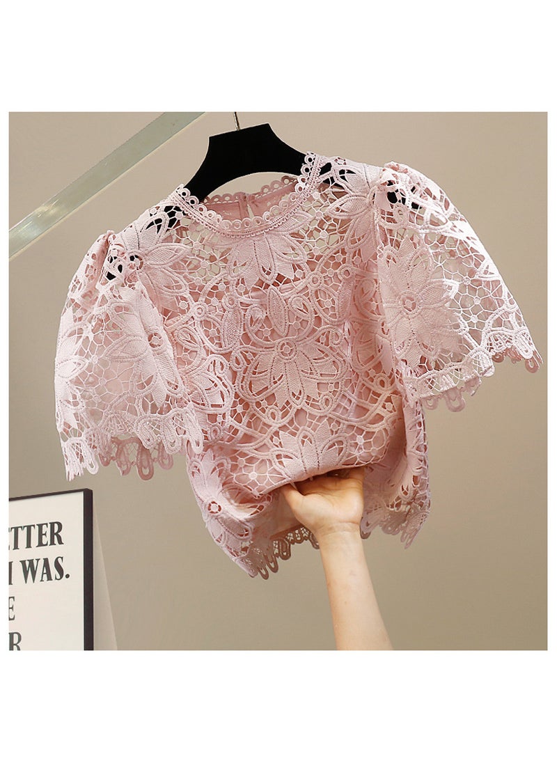 Elegant Stylish High End Hook Embroidered Cotton T-Shirt Short Sleeves Casual Slimming Trendy Fashionable Lace Top Apricot