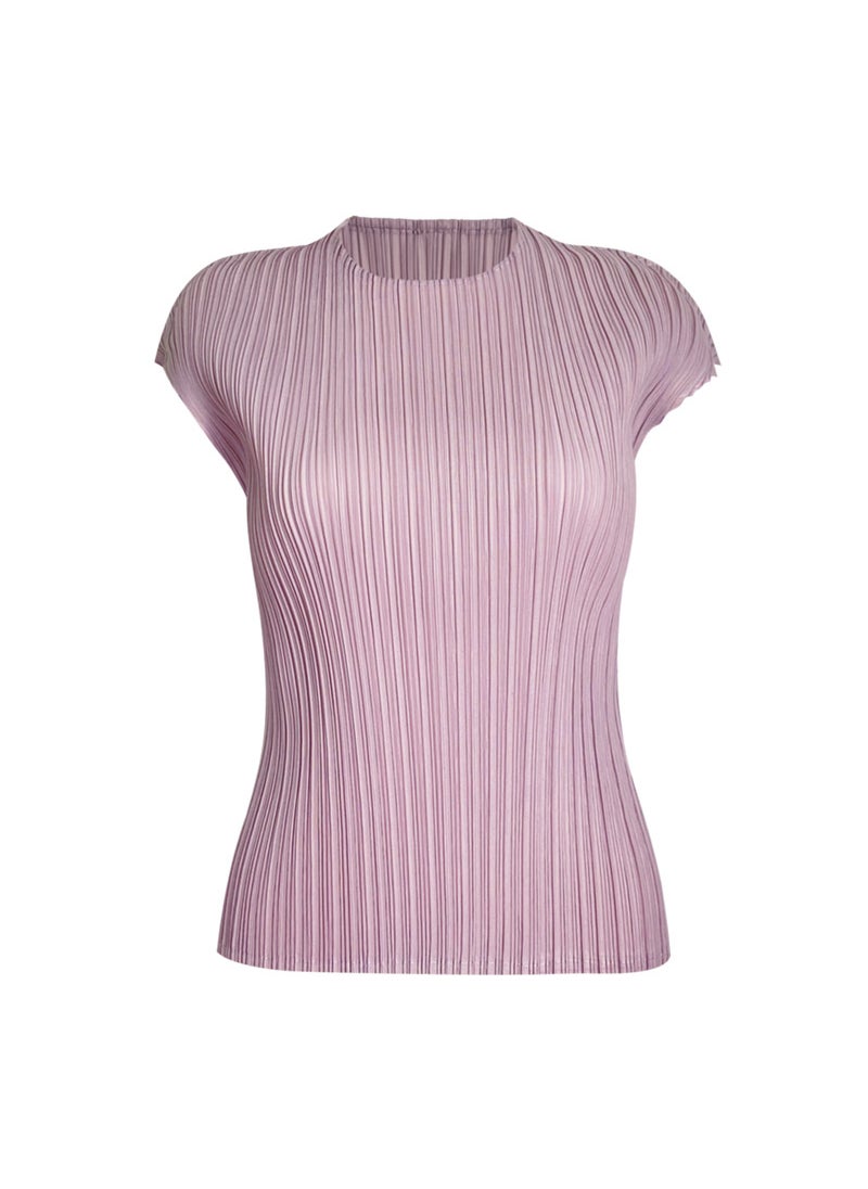 2024 Summer New Solid Color Ruffles Small Sleeve Round Neck Casual Elegant Basic Top Layer T-Shirt Crew Neck Design Pinkish