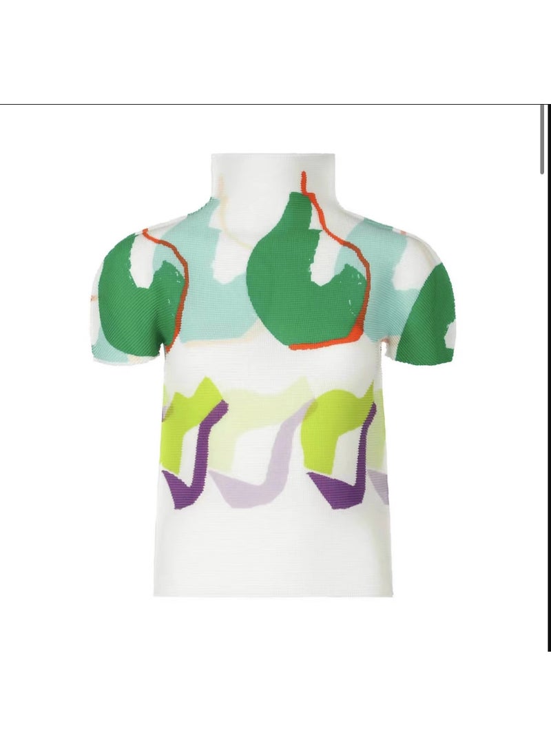 Sanjiang 3 Months New Model 2023 Me Pleated Series Half Polo / Turtle Neck Short Sleeves T-shirt Womens Thin Pullover Top Green
