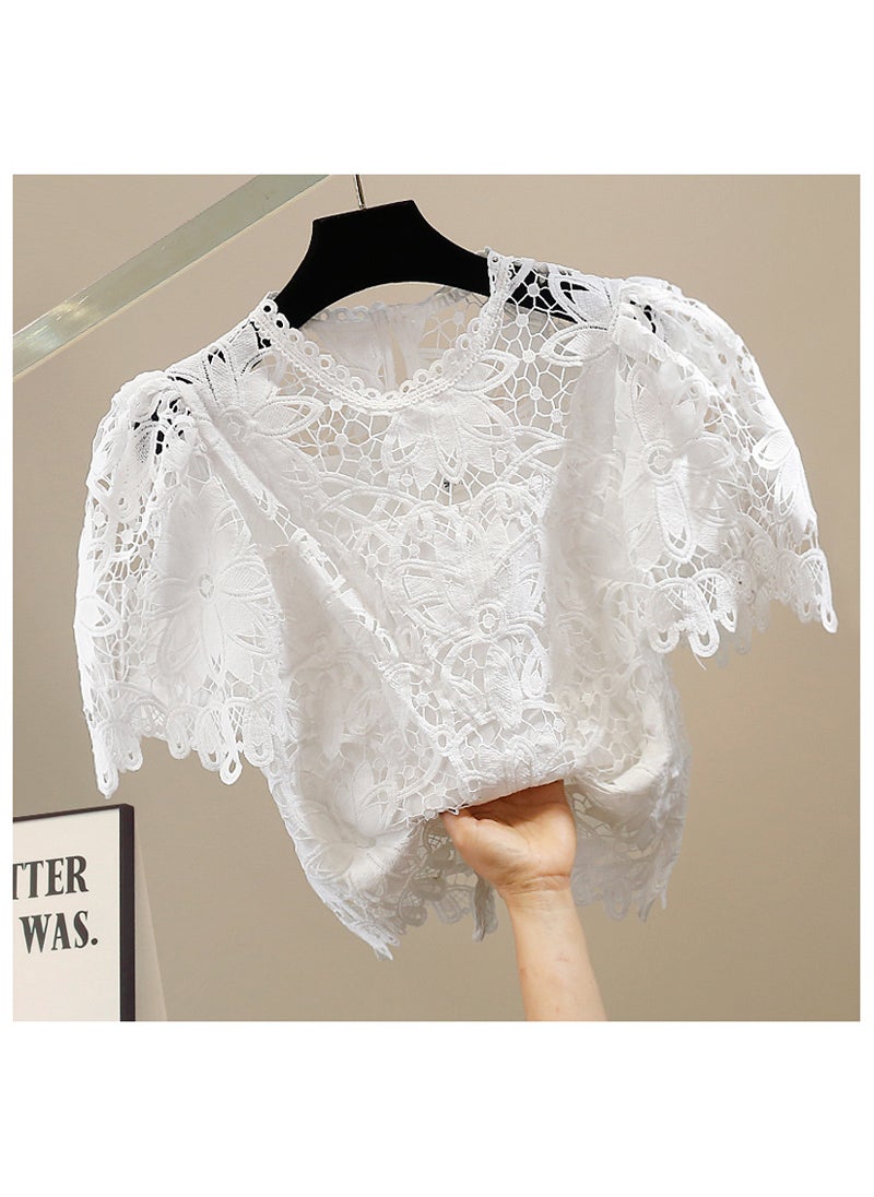 Elegant Stylish High End Hook Embroidered Cotton T-Shirt Short Sleeves Casual Slimming Trendy Fashionable Lace Top White