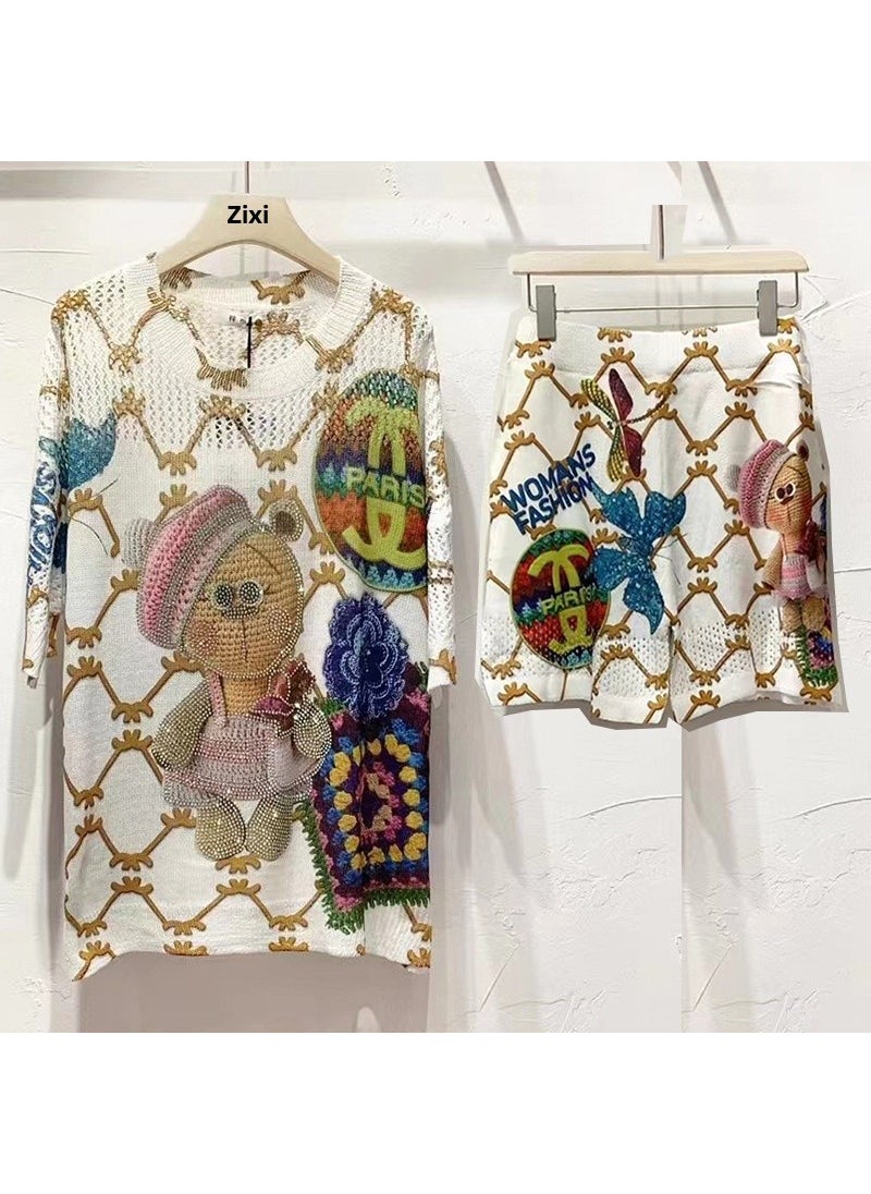 Short Sleeve T-Shirt Womens Loose Knitted Summer New Style Cartoon Print Fashionable Top With Hotfix Rhinestones Round Neck Bear suit
