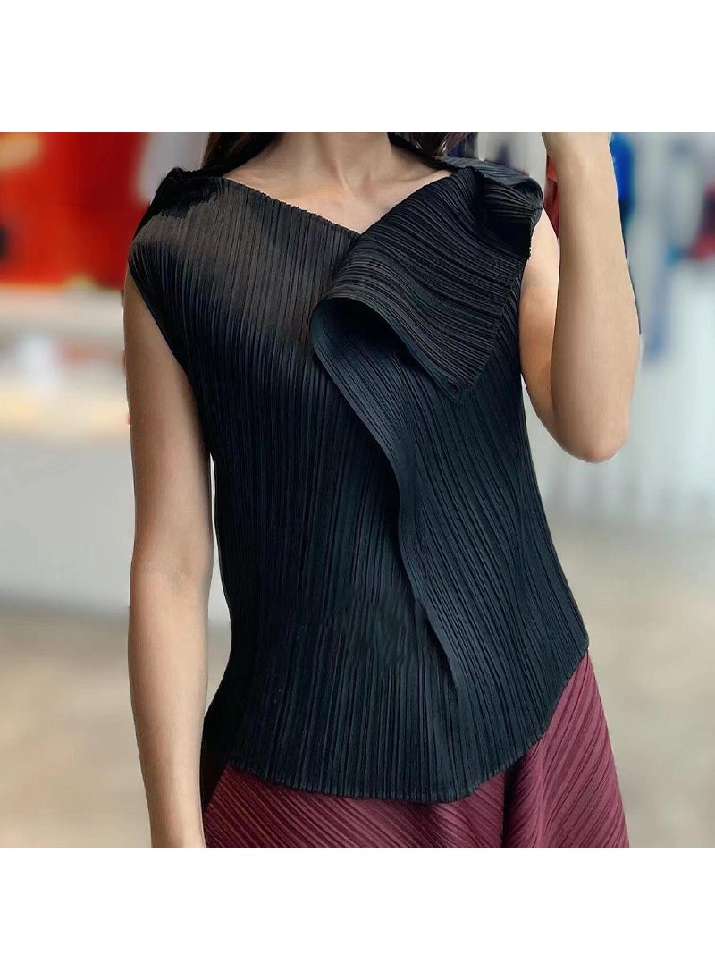 San Qiand 2024 Summer New Design Elegant Casual Womens T-Shirt Solid Color V-Neck Sleeveless Plucked Top Comfortable T-Shirt black