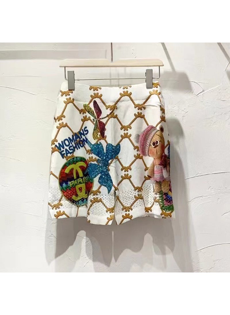 Short Sleeve T-Shirt Womens Loose Knitted Summer New Style Cartoon Print Fashionable Top With Hotfix Rhinestones Round Neck Cat suit