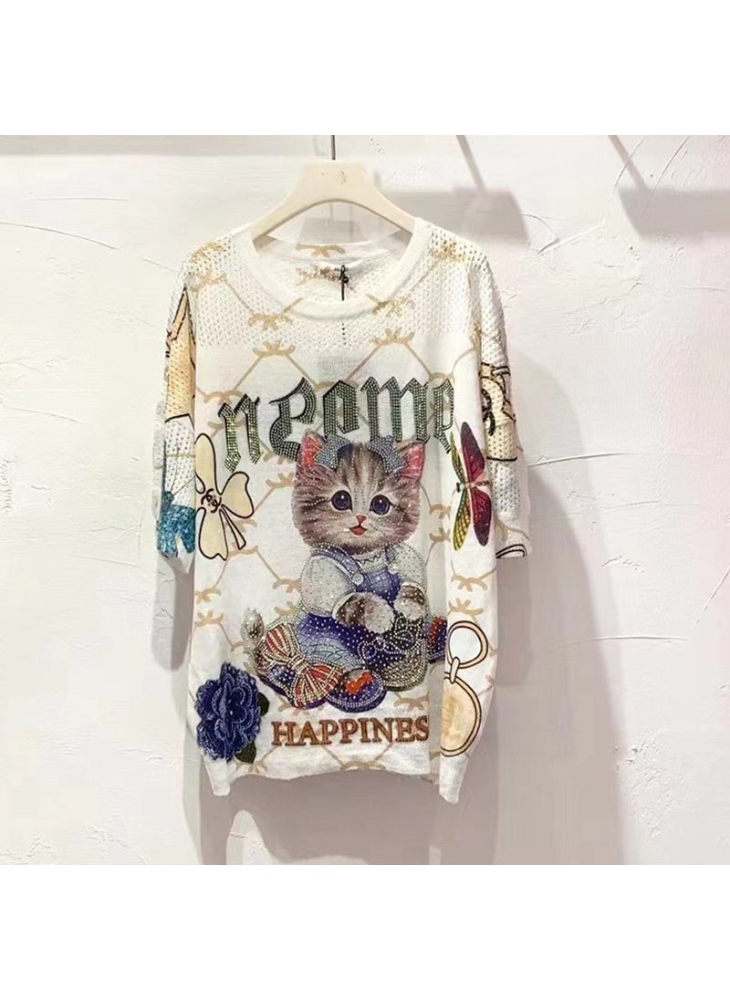 Short Sleeve T-Shirt Womens Loose Knitted Summer New Style Cartoon Print Fashionable Top With Hotfix Rhinestones Round Neck Cat suit