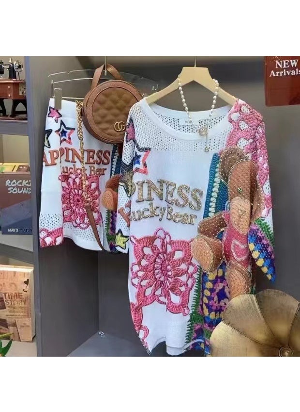 Short Sleeve T-Shirt Womens Loose Knitted Summer New Style Cartoon Print Fashionable Top With Hotfix Rhinestones Round Neck Cat suit