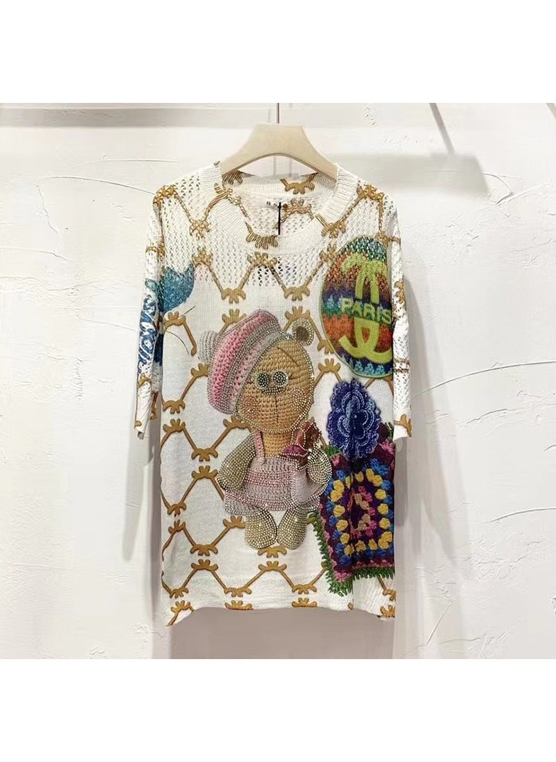 Short Sleeve T-Shirt Womens Loose Knitted Summer New Style Cartoon Print Fashionable Top With Hotfix Rhinestones Round Neck Cat suit