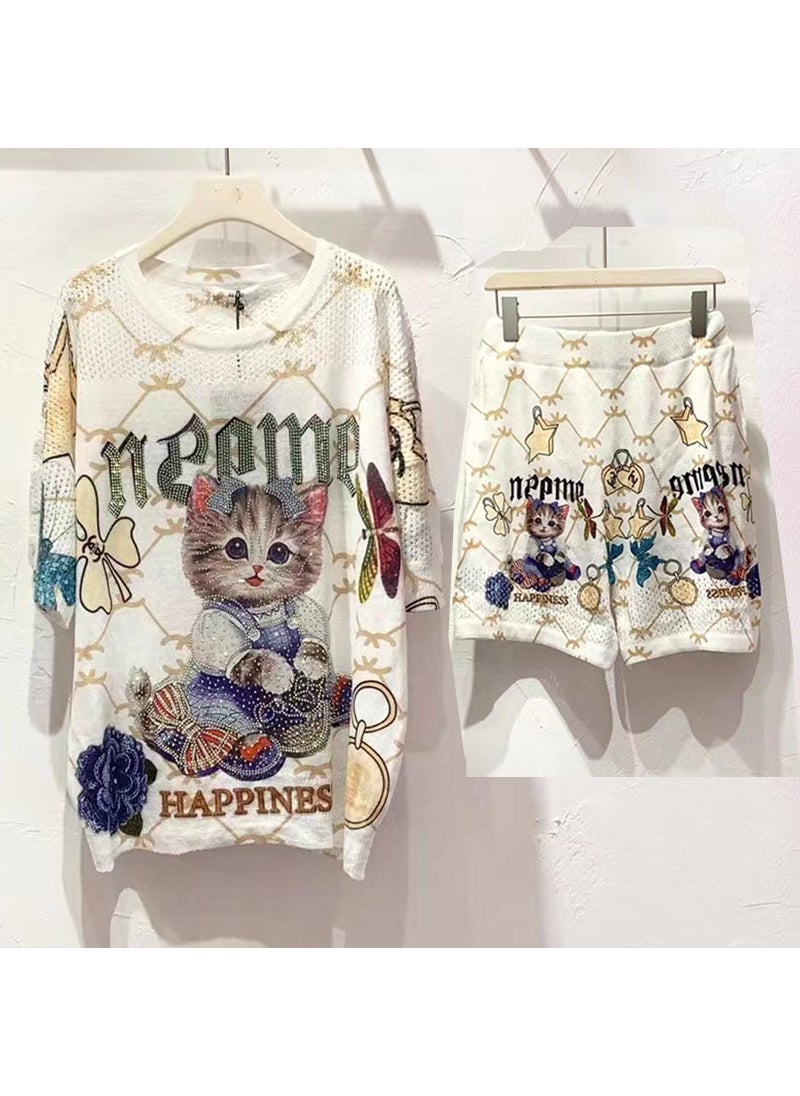 Short Sleeve T-Shirt Womens Loose Knitted Summer New Style Cartoon Print Fashionable Top With Hotfix Rhinestones Round Neck Cat suit