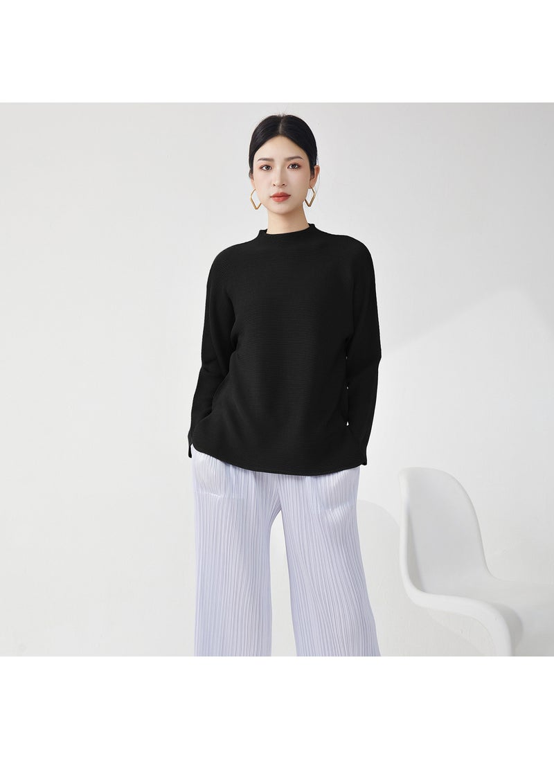 Long Sleeve Womens T-Shirt 2025 New High-End FeelSolid Color Loose-Fit Elegant Versatile Pullover Top Polyester Crew Neck Black