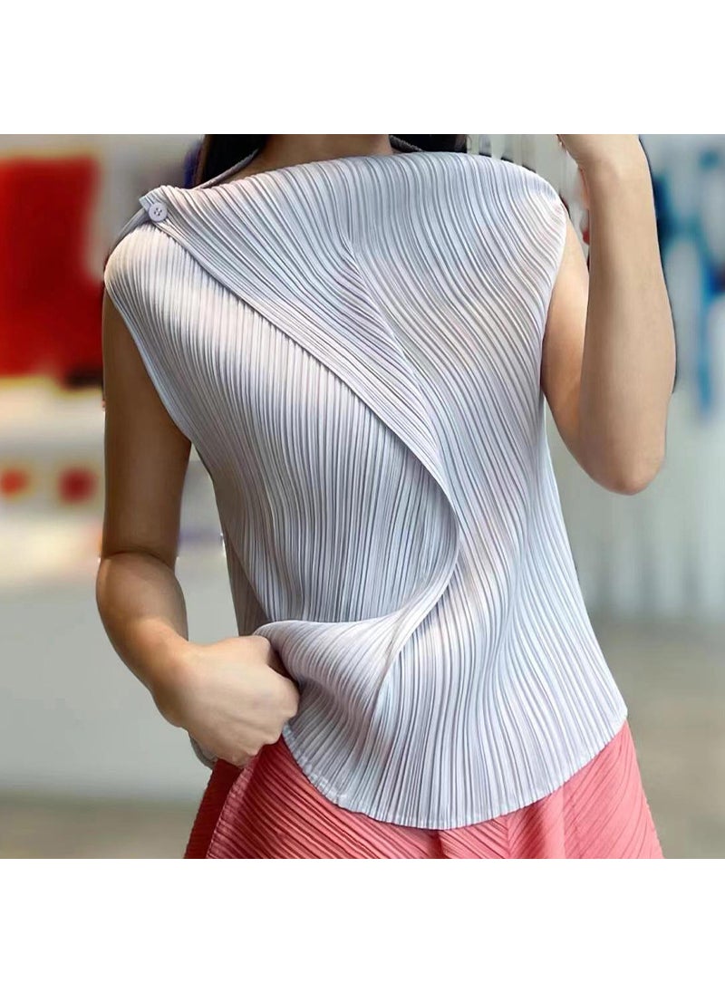 San Qiand 2024 Summer New Design Elegant Casual Womens T-Shirt Solid Color V-Neck Sleeveless Plucked Top Comfortable T-Shirt gray