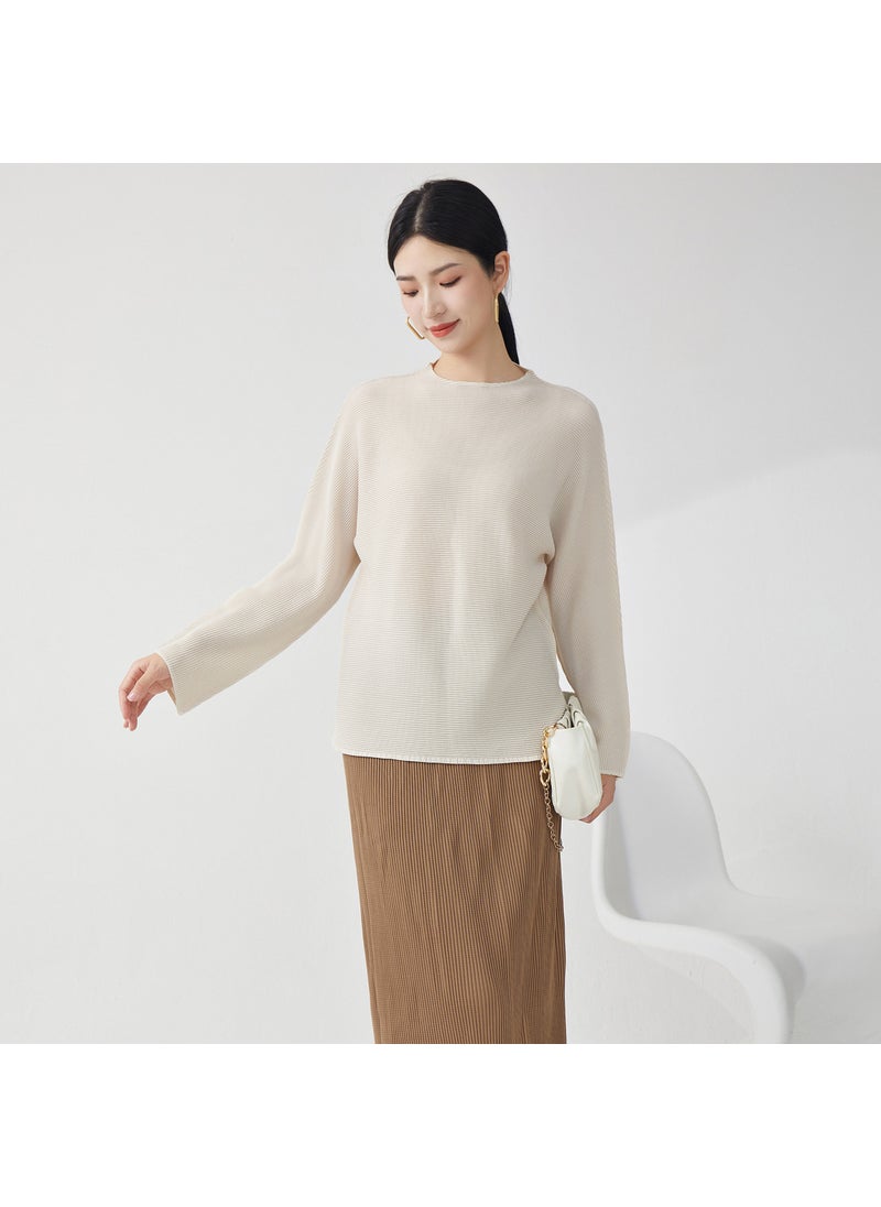 Long Sleeve Womens T-Shirt 2025 New High-End FeelSolid Color Loose-Fit Elegant Versatile Pullover Top Polyester Crew Neck Off-white