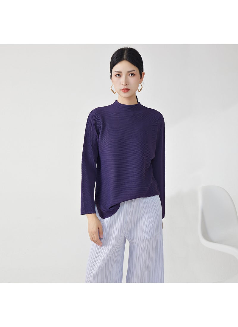 Long Sleeve Womens T-Shirt 2025 New High-End FeelSolid Color Loose-Fit Elegant Versatile Pullover Top Polyester Crew Neck Dark purple
