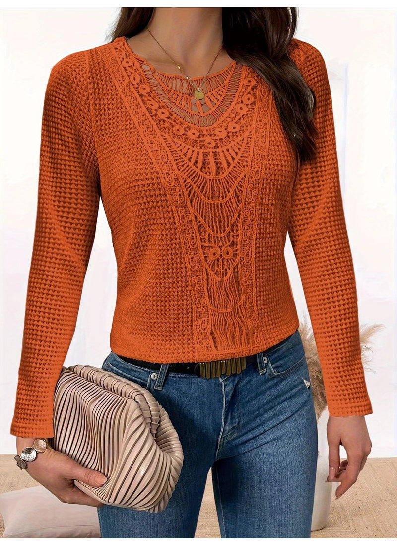 2024 Fashionable Hollow Edge Spliced Womens Long Sleeve T-Shirt Crew Neck China Mainland Origin Orange red