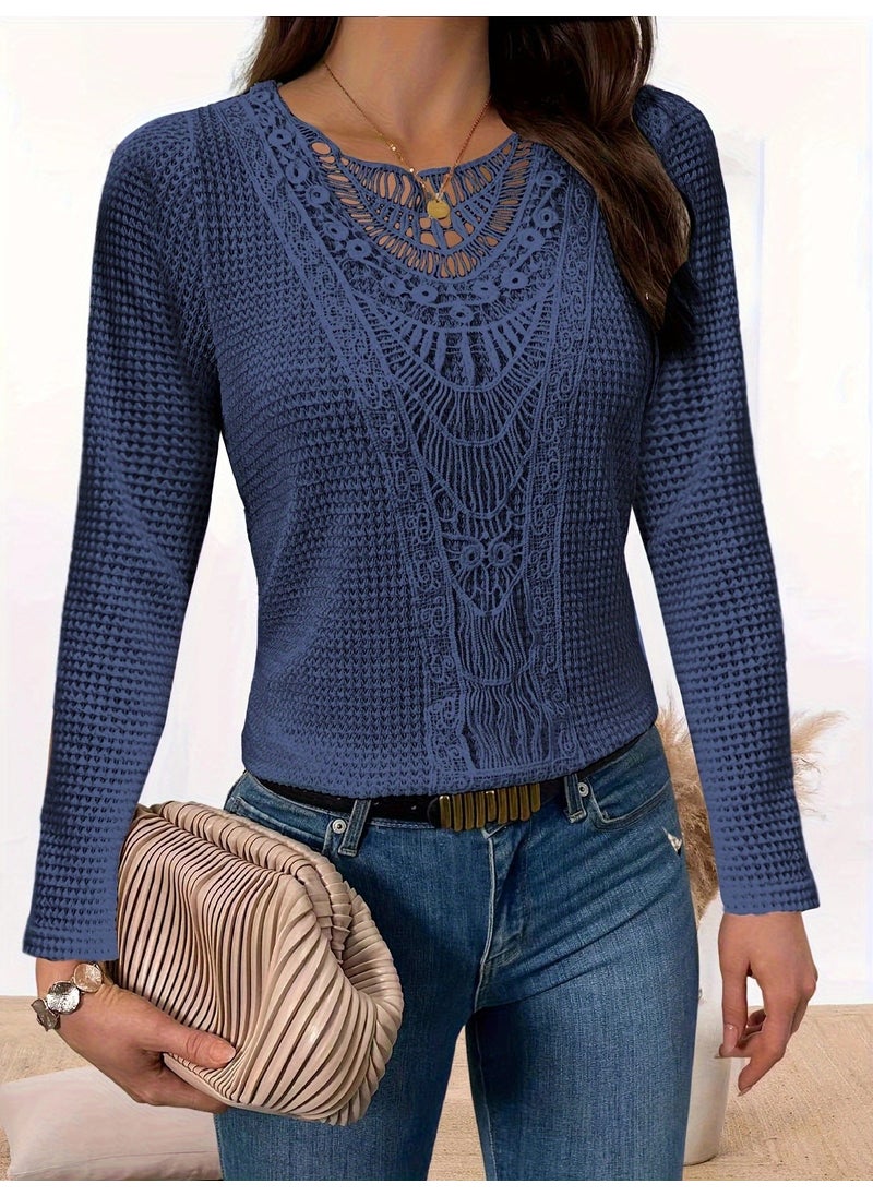 2024 Hollow out Lace Splice Long Sleeve Womens T-shirt Street Style Polyester round Neck Regular Sleeve Mid-Length Top Navy blue