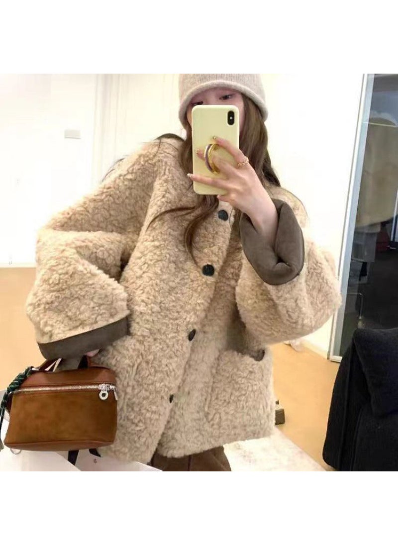 Short Thickened Lazy Lamb Fur Jacket Women Winter Warm Coat round Neck Top Synthetic Leather High-End Casual Style Commute milk tea