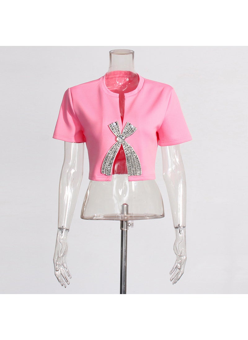 2025 New Fashion Design Casual Short Sleeve T-Shirt Womens Clothing Polyester Top Diamond Embellished Cropped Summer Wear Pink