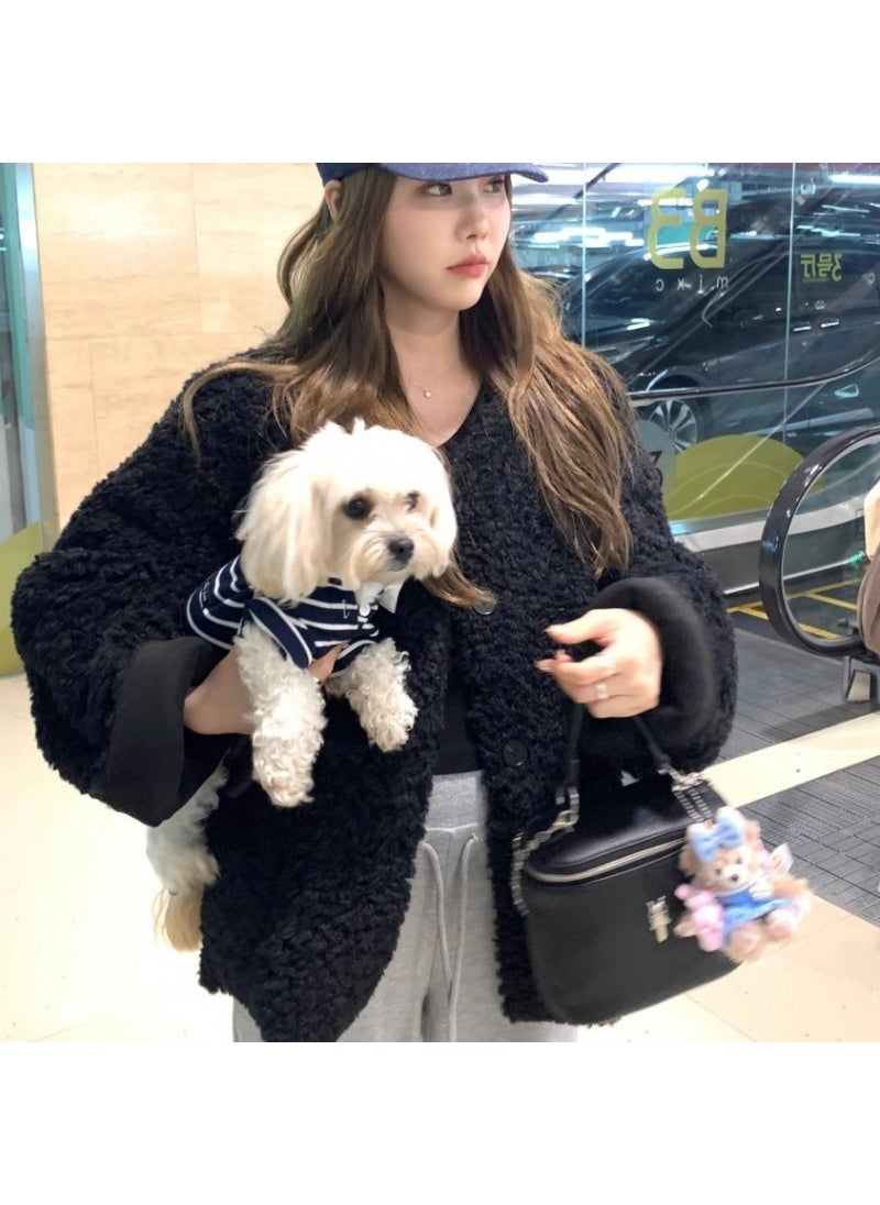 Short Thickened Lazy Lamb Fur Jacket Women Winter Warm Coat round Neck Top Synthetic Leather High-End Casual Style Commute Black