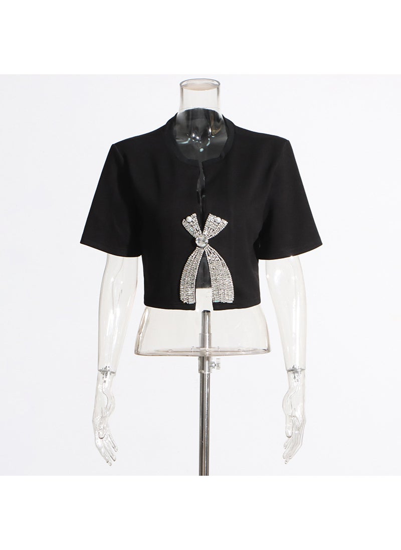 2025 New Fashion Design Casual Short Sleeve T-Shirt Womens Clothing Polyester Top Diamond Embellished Cropped Summer Wear Black