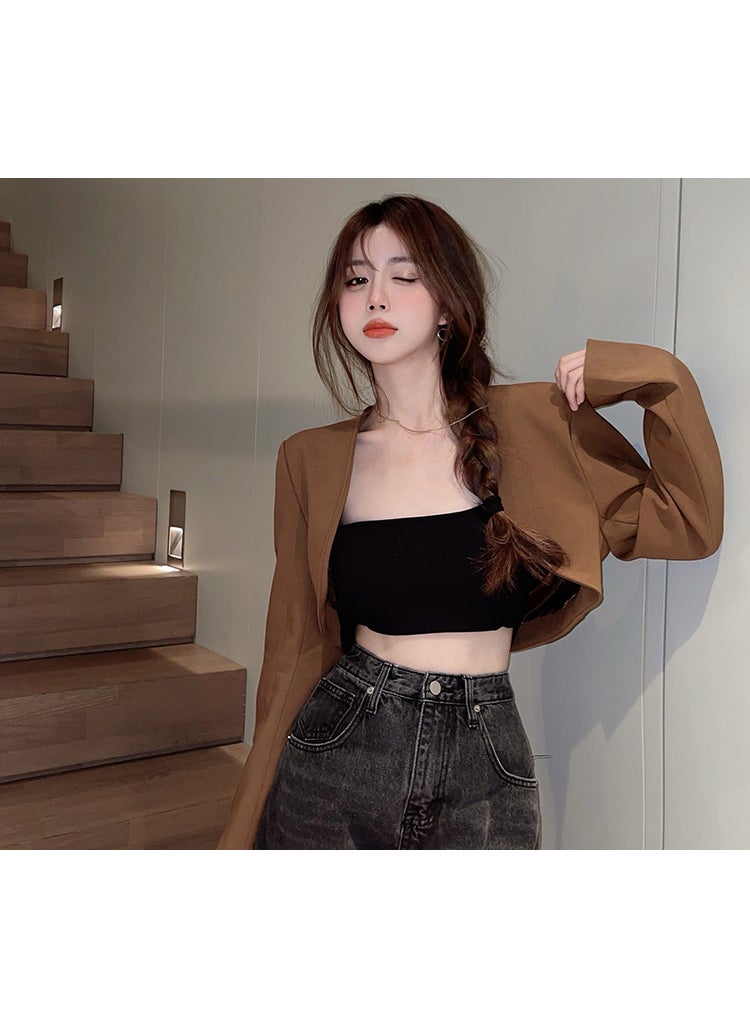 French VintageCropped Top Womens SpringAutumn Long Sleeve Jacketslims Smooths Your Silhouette Slimming Shoulder VestBlack Cardi Brown