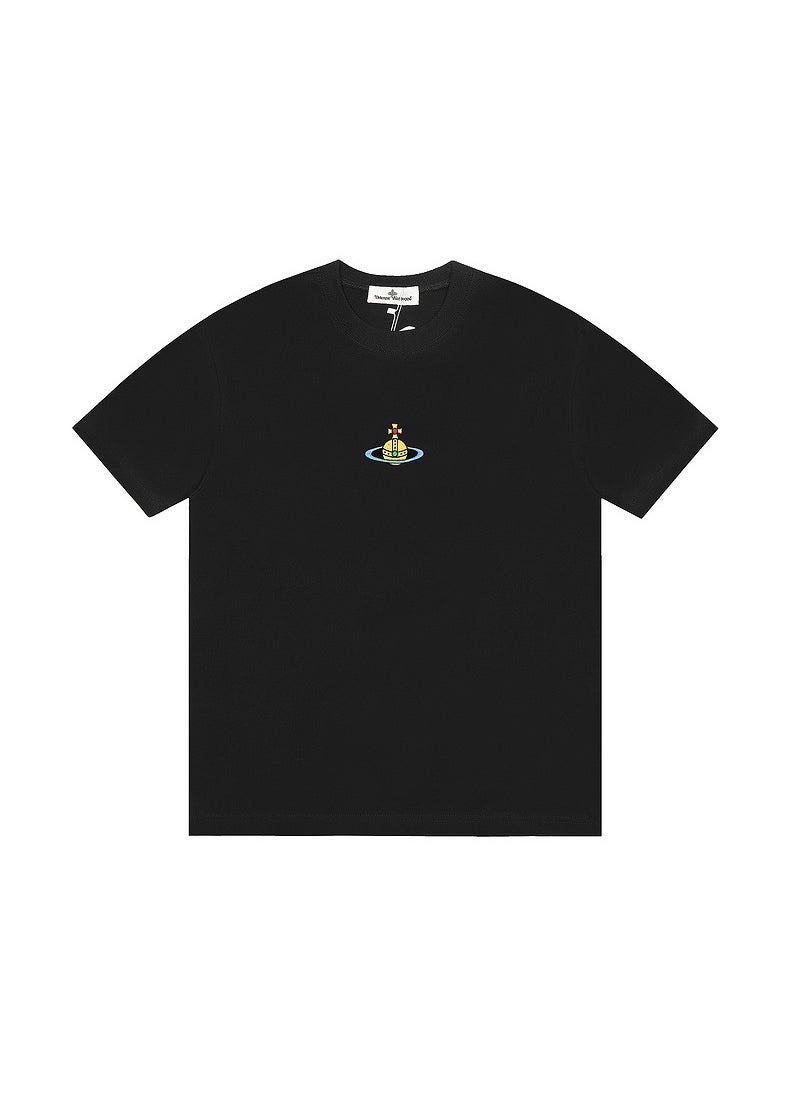 VIVI home Saturn T-shirt INS hot summer new solid color embroidery mens and womens couples short sleeve loose T-shirt Black