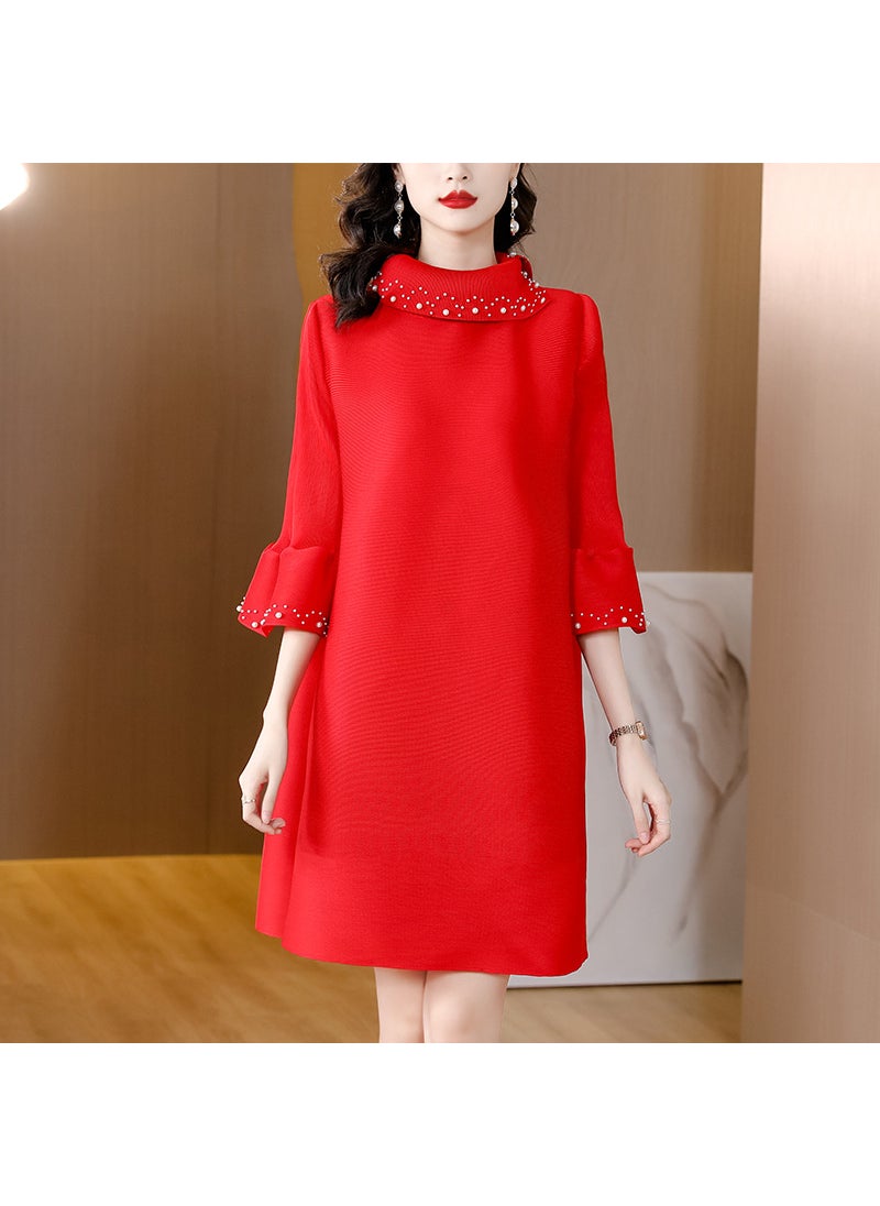 Casual Three Pleat Long Dress Womens plus Size Autumn 2024 Ageless Slimming Tummy Covering Dress Ultra Long Sleeve Urban Style Red