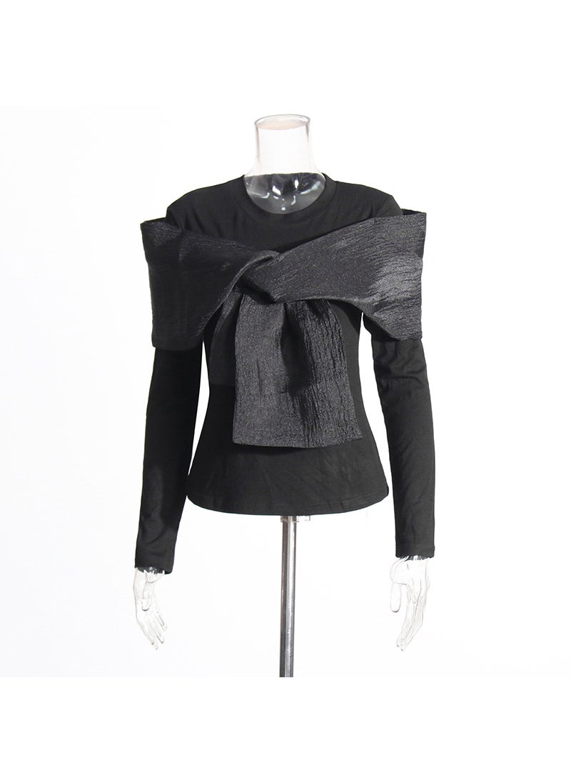 Fashionable Niche Style Round Neck Long Sleeve Unique Cross Bow Solid Color T-Shirt Womens Polyester Crew Neck Bandage Decorate Black