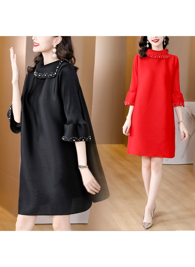 Casual Three Pleat Long Dress Womens plus Size Autumn 2024 Ageless Slimming Tummy Covering Dress Ultra Long Sleeve Urban Style Black