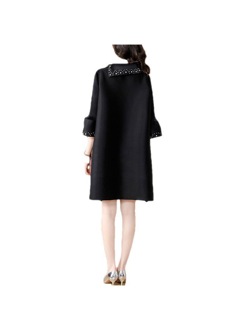 Casual Three Pleat Long Dress Womens plus Size Autumn 2024 Ageless Slimming Tummy Covering Dress Ultra Long Sleeve Urban Style Black