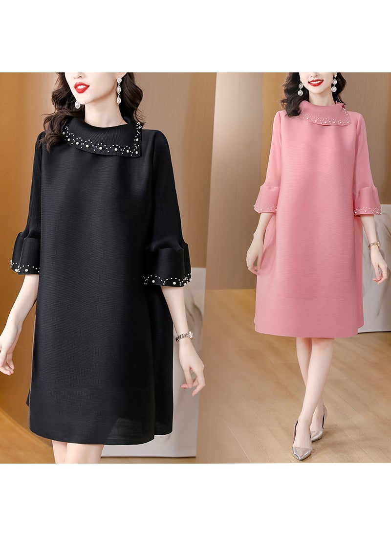 Casual Three Pleat Long Dress Womens plus Size Autumn 2024 Ageless Slimming Tummy Covering Dress Ultra Long Sleeve Urban Style Black