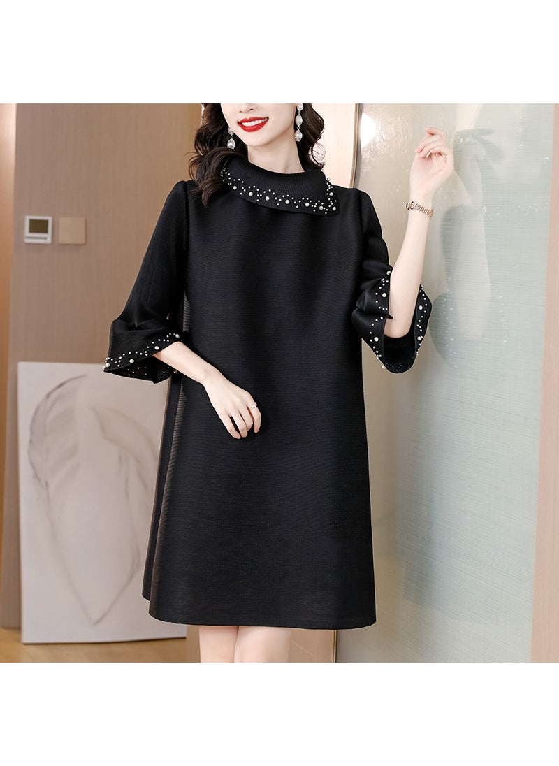 Casual Three Pleat Long Dress Womens plus Size Autumn 2024 Ageless Slimming Tummy Covering Dress Ultra Long Sleeve Urban Style Black