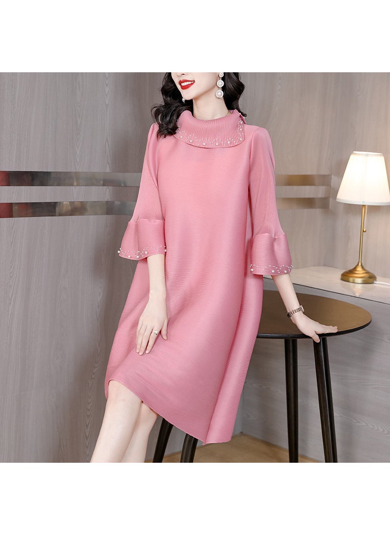 Casual Three Pleat Long Dress Womens plus Size Autumn 2024 Ageless Slimming Tummy Covering Dress Ultra Long Sleeve Urban Style Pink
