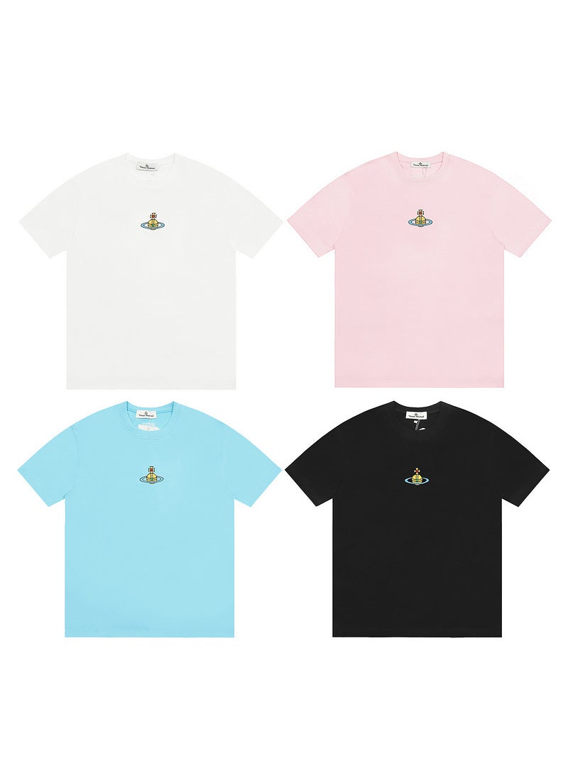 VIVI home Saturn T-shirt INS hot summer new solid color embroidery mens and womens couples short sleeve loose T-shirt Pink