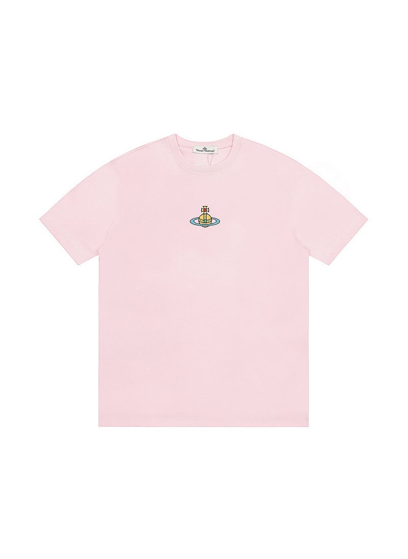 VIVI home Saturn T-shirt INS hot summer new solid color embroidery mens and womens couples short sleeve loose T-shirt Pink