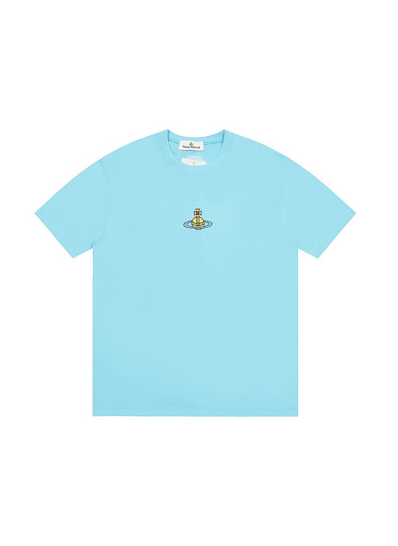VIVI home Saturn T-shirt INS hot summer new solid color embroidery mens and womens couples short sleeve loose T-shirt sky blue
