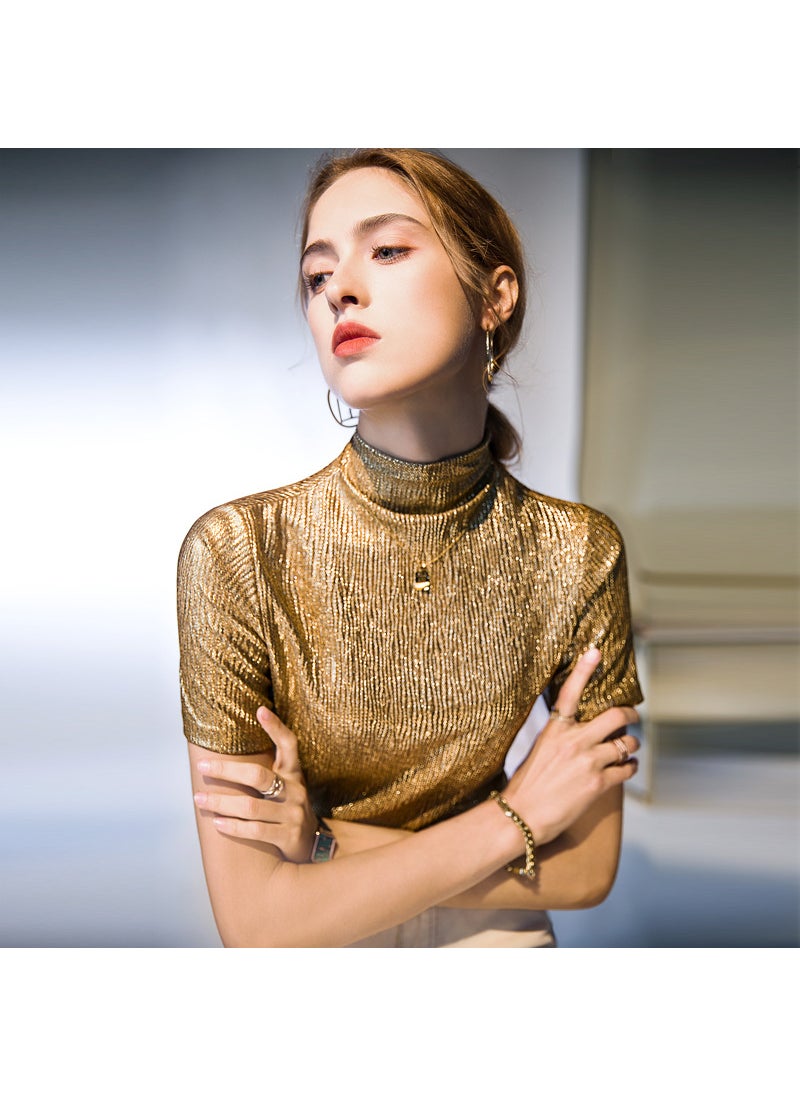 Stylish Gold Silk Slim Fit T-Shirt For Men And Women Simple Solid Color Top Trendy Elastic Small Shirt Autumn New Arrival Gold
