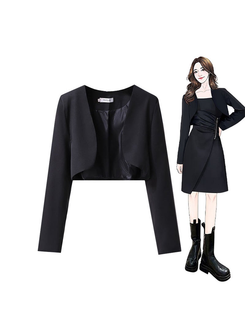 French VintageCropped Top Womens SpringAutumn Long Sleeve Jacketslims Smooths Your Silhouette Slimming Shoulder VestBlack Cardi Black