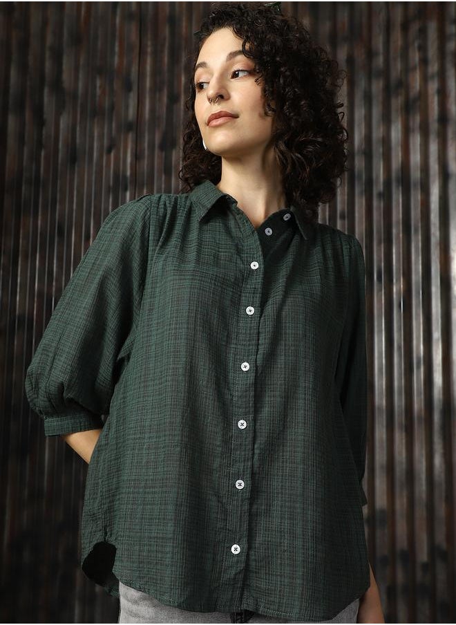 Women Boxy Spread Collar Checked Cotton Geathers At Shoulder Casual Shirt