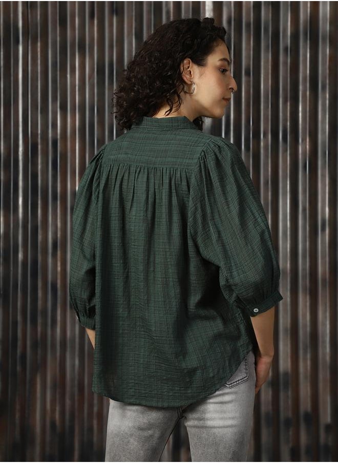 Women Boxy Spread Collar Checked Cotton Geathers At Shoulder Casual Shirt